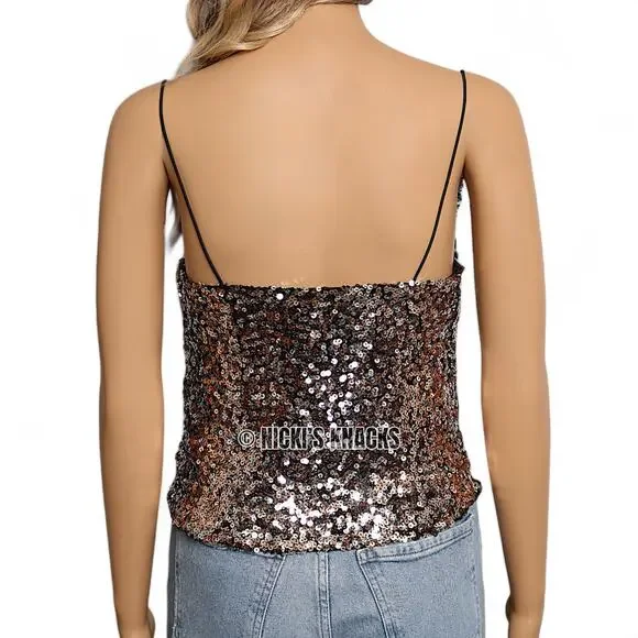 Thirty Thirty Sequin Cowl Neck Top Bronze Silver Party Glam Y2K Camisole Size S - Picture 7 of 11